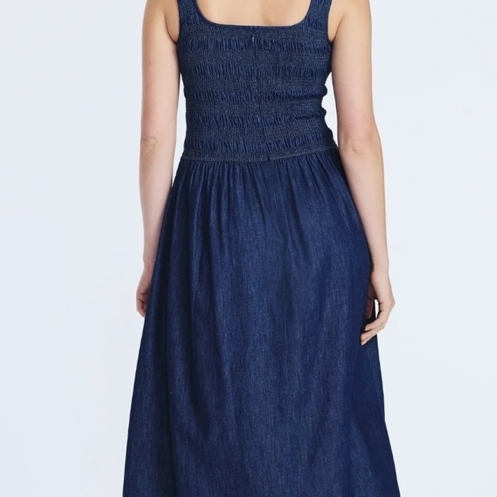 NWT Sleeveless Smocked Cotton Midi Dress Denim Blue Large Fit & Flare Square N. - Picture 4 of 4